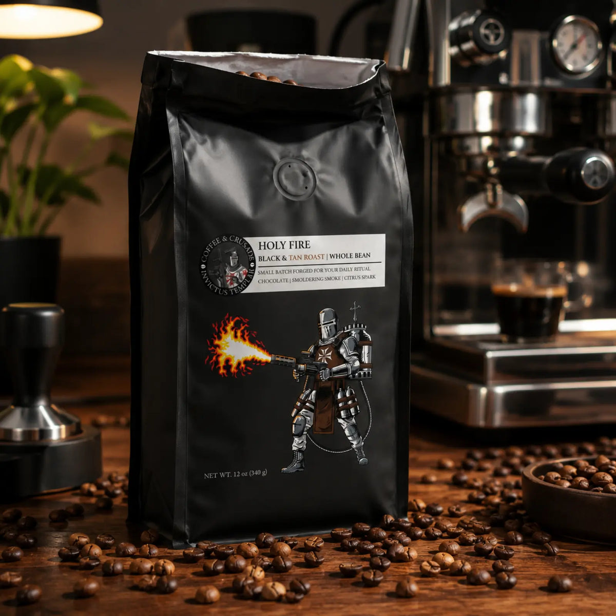 Holy Fire | Black and Tan Roast Blend Whole Bean Survival Coffee 12oz Invictus Templar
