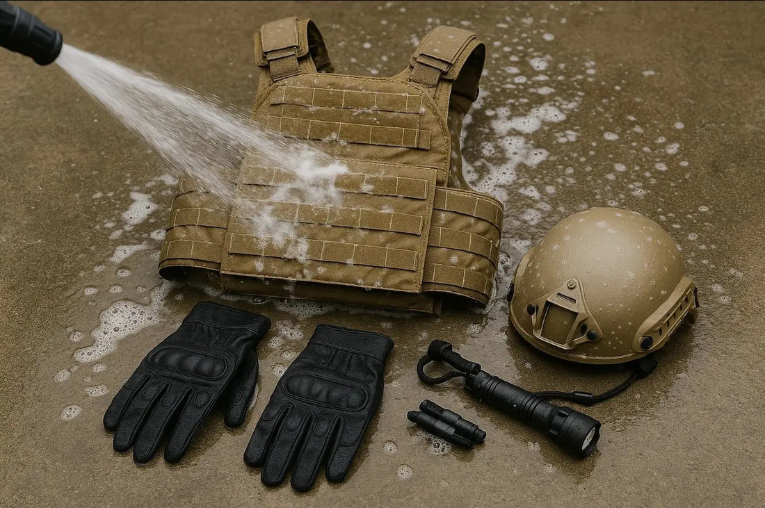 rugged modular plate carrier and armor kit on bench under dramatic light