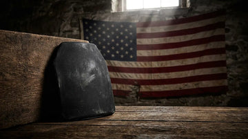 American-made rifle plate in front of a faded American flag