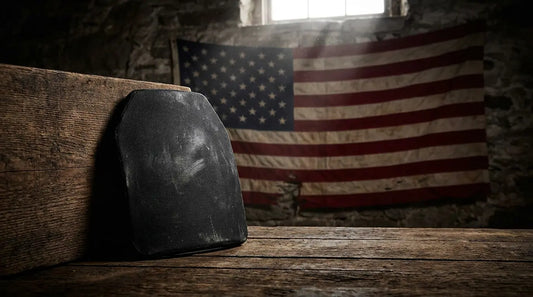 American-made rifle plate in front of a faded American flag