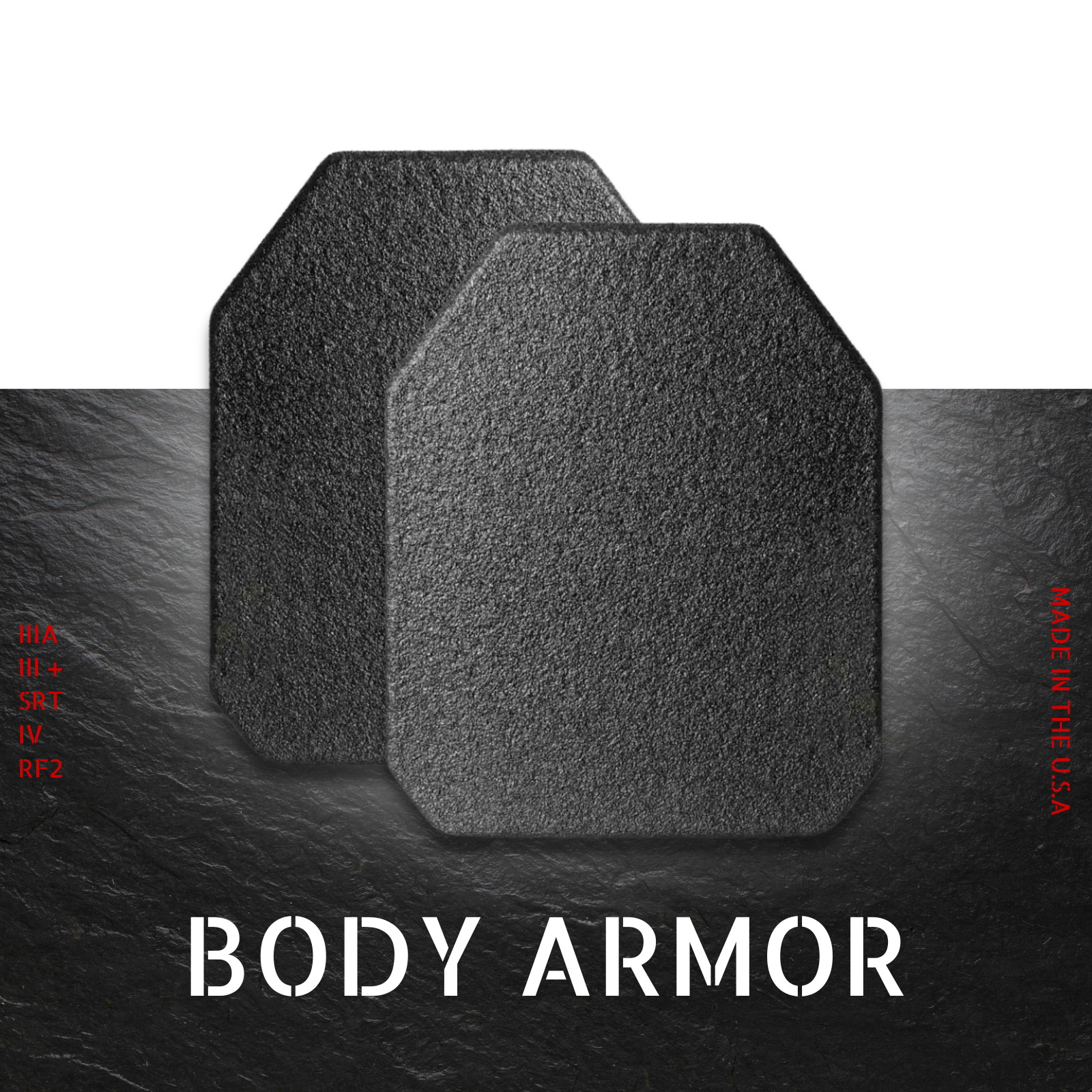 Two pieces of body armor displayed on a dark background, highlighting American made quality.