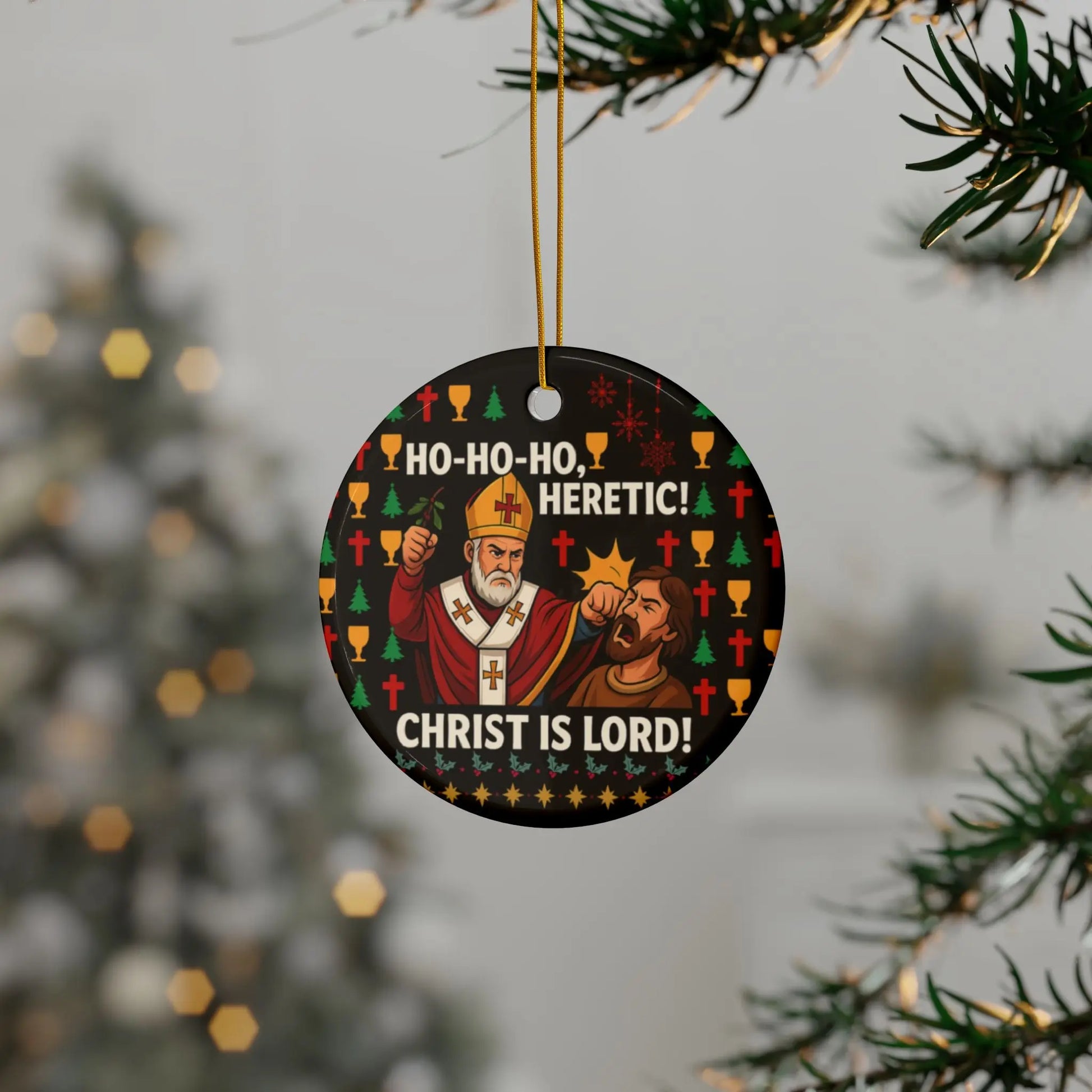 Ho-Ho-Ho, Heretic! Ceramic Christmas Ornament Printify