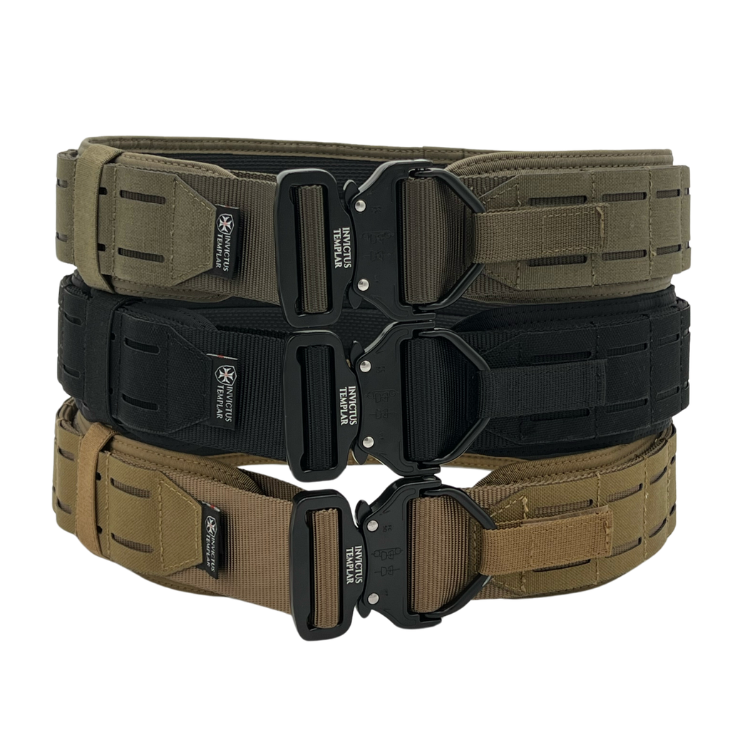 Armiger Modular Tactical Belt in three colors featuring quick-release buckles and MOLLE compatibility.