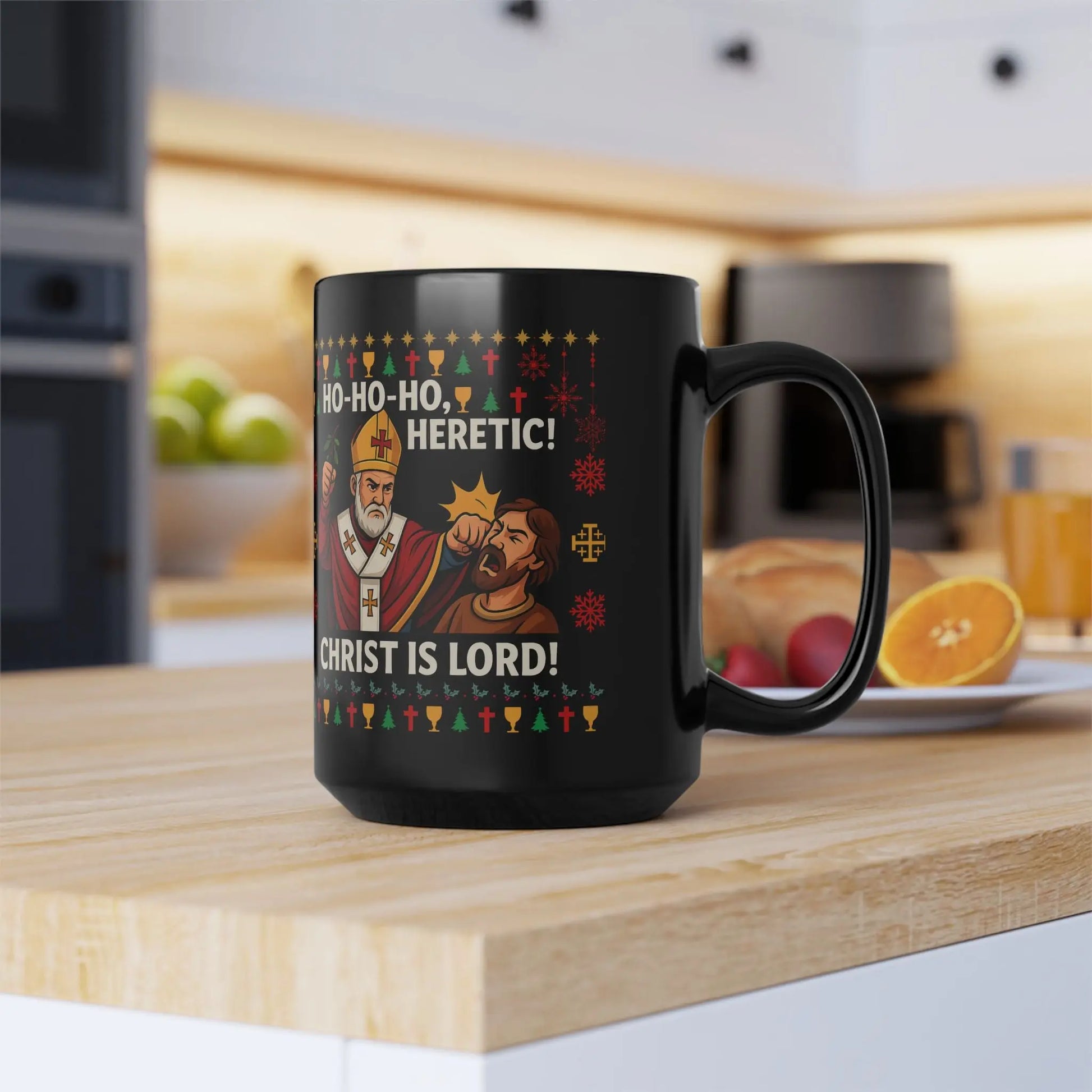 Ho-Ho-Ho, Heretic! 15oz Black Mug Printify