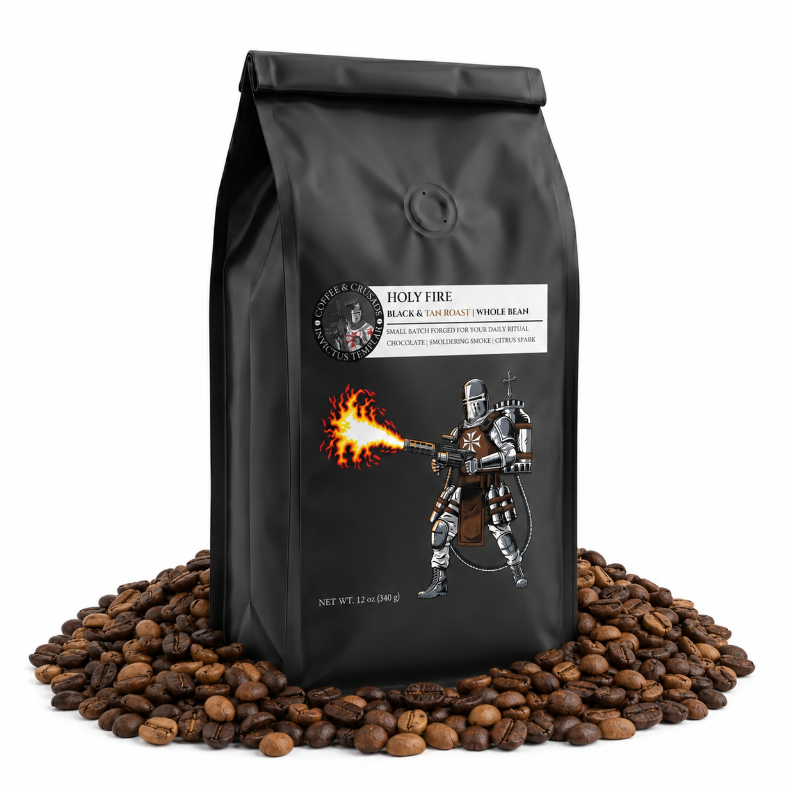 Holy Fire | Black and Tan Roast Blend Whole Bean Survival Coffee 12oz Invictus Templar