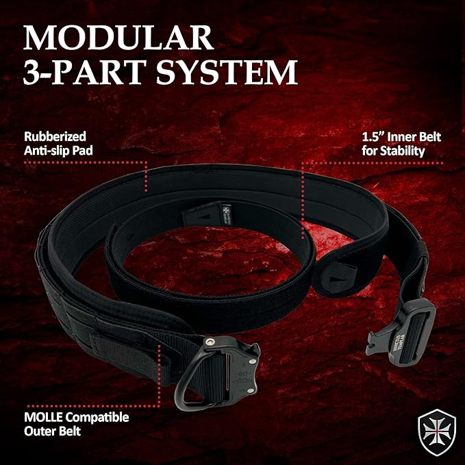 Modular Tactical Belt showing 3-part system including the rubberized anti-slip pad and MOLLE compatible outer belt.
