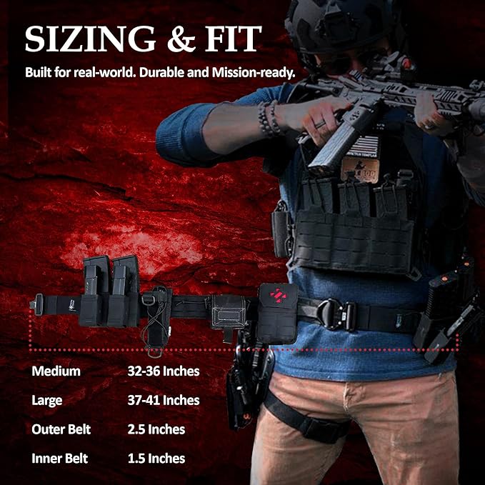 Sizing chart for Modular Tactical Belt with fit options for medium and large sizes, showcasing durability and mission readiness.