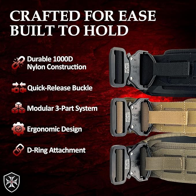 Modular Tactical Belt features durable 1000D nylon, quick-release buckle, ergonomic design, and D-ring attachment.
