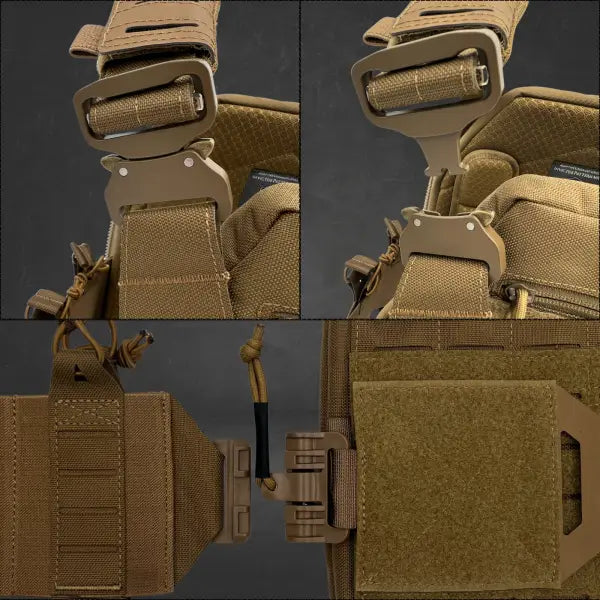 Ambidextrous shoulder buckles and cummerbund release tubes