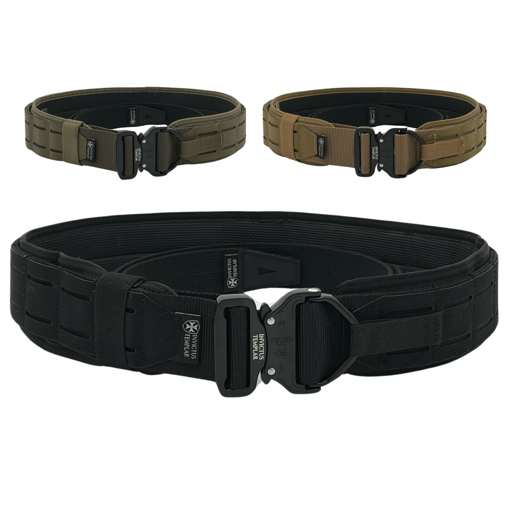 Modular Tactical Belt in three colors: black, green, and tan, showcasing the 3-part MOLLE design and quick-release buckle.