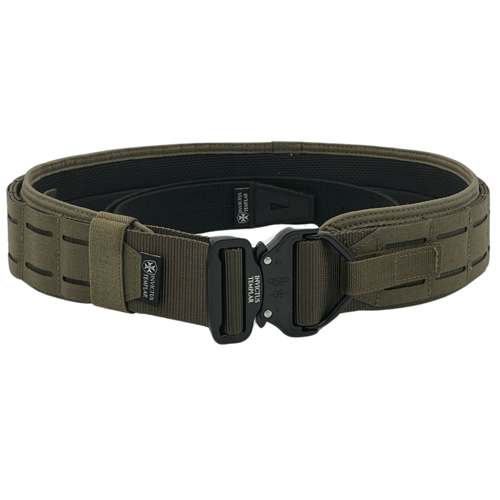 Modular Tactical Belt in olive green, featuring a 3-part MOLLE system and quick-release buckle for tactical use.