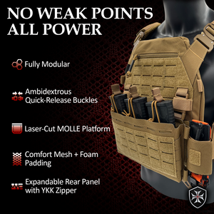 Invictus Pattern MK I Modular Plate Carrier features fully modular design, comfort mesh padding, and expandable rear panel with YKK zipper.