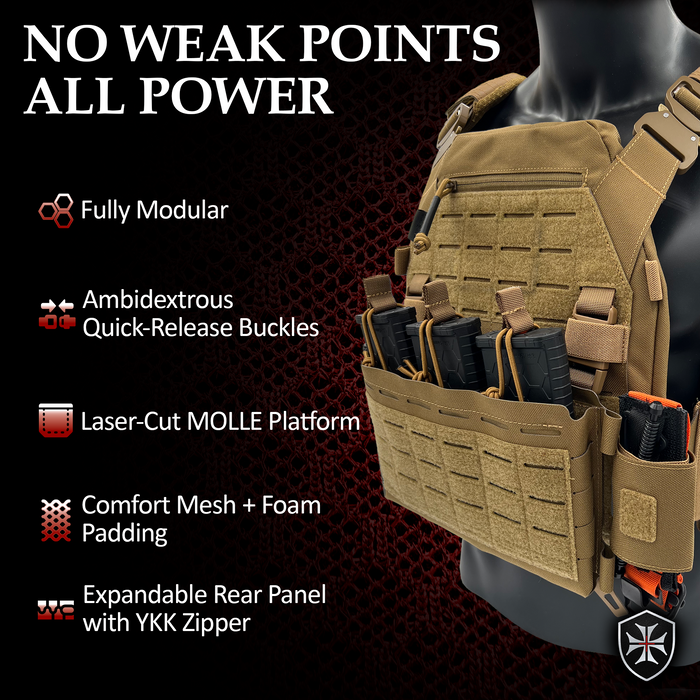 Invictus Pattern MK I Modular Plate Carrier features fully modular design, comfort mesh padding, and expandable rear panel with YKK zipper.