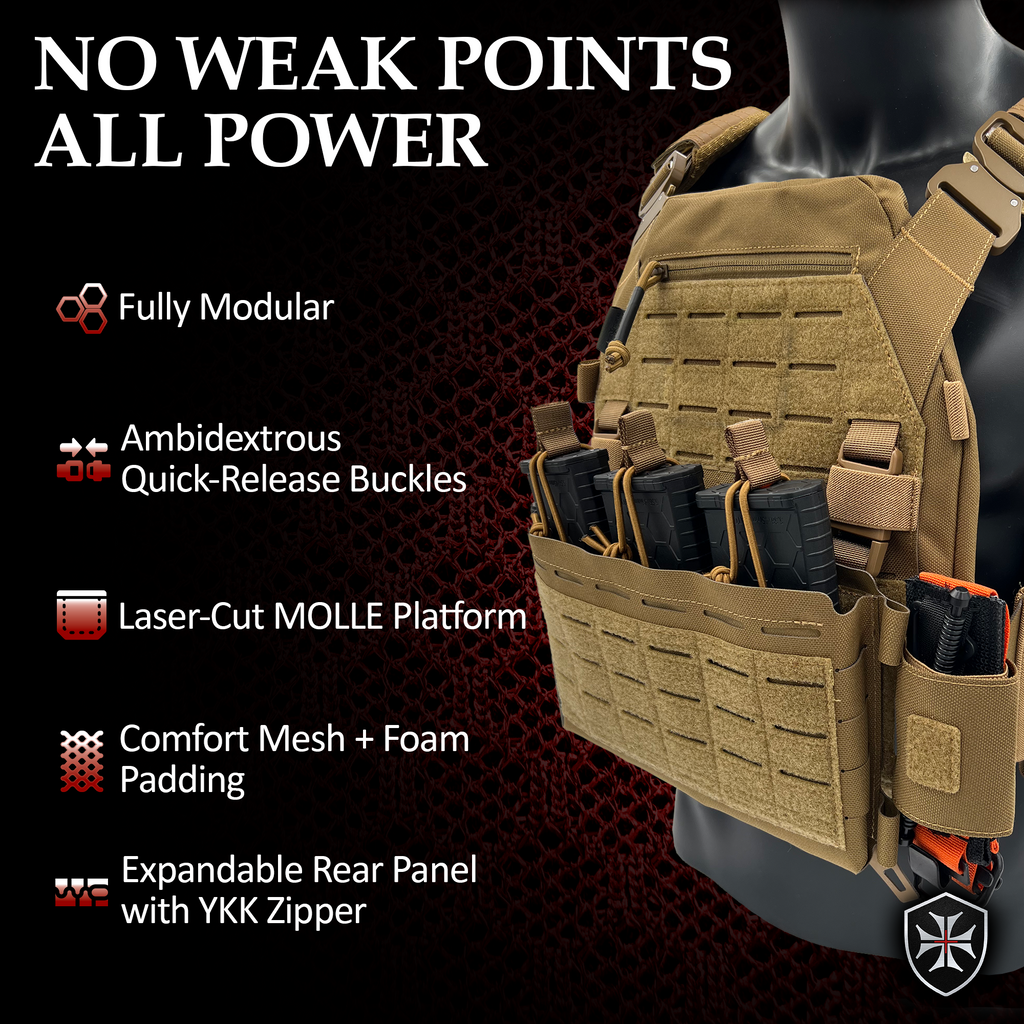 Invictus Pattern MK I Modular Plate Carrier features fully modular design, comfort mesh padding, and expandable rear panel with YKK zipper.