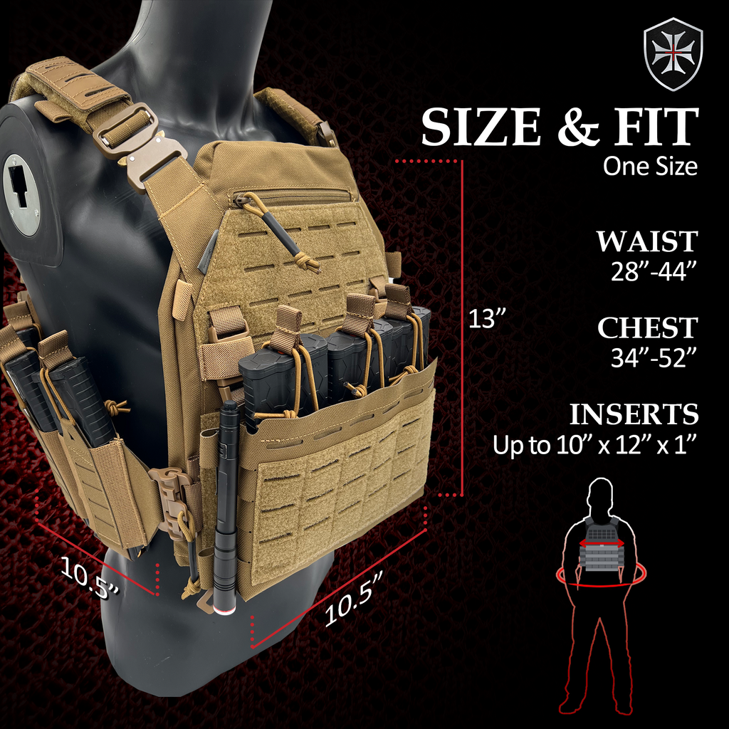 Invictus Pattern MK I Modular Plate Carrier size and fit guide showing measurements for waist and chest.
