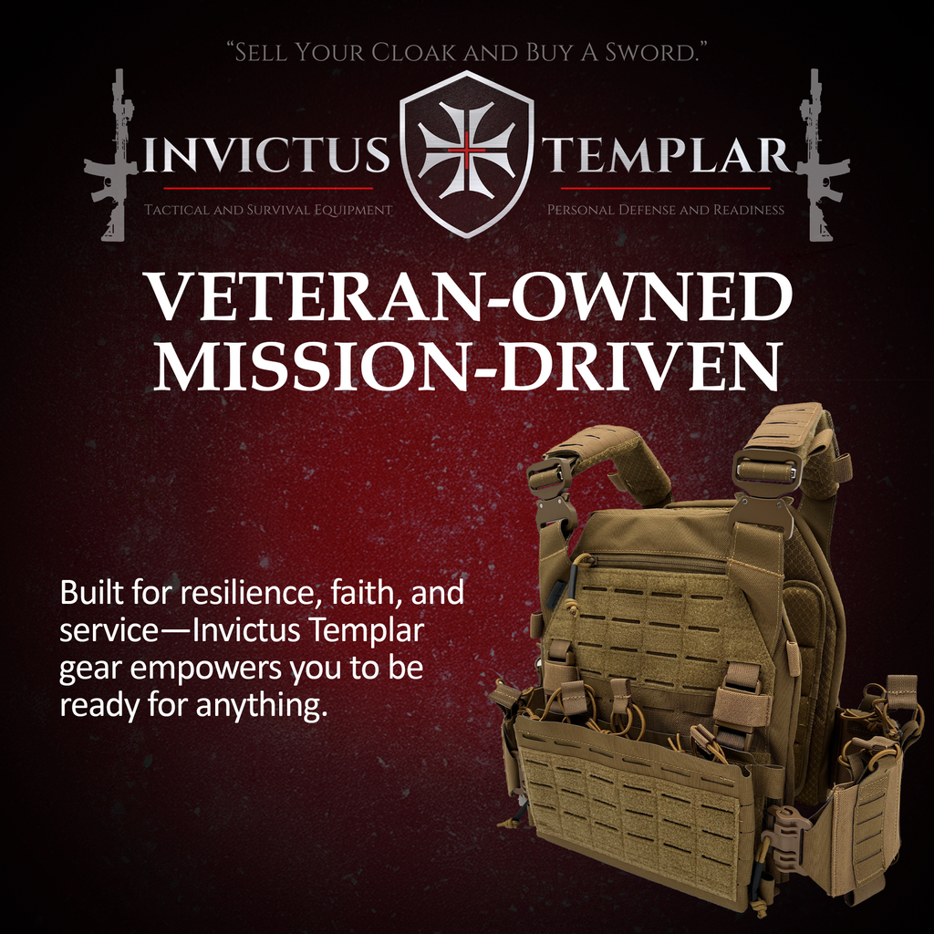 Invictus Pattern MK I Modular Plate Carrier displayed with veteran-owned emphasis, showcasing tactical and survival gear.