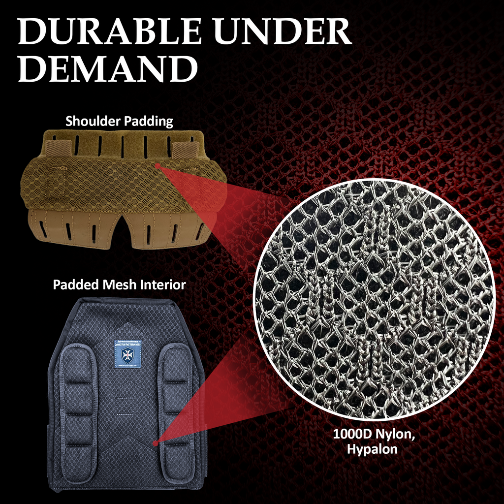 Invictus Pattern MK I Modular Plate Carrier features durable shoulder padding and padded mesh interior for optimal comfort.