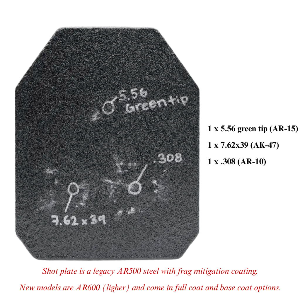 AR600 Lightweight Level III+ steel rifle plates with hit markings for various calibers including .308 and 5.56 green tip.